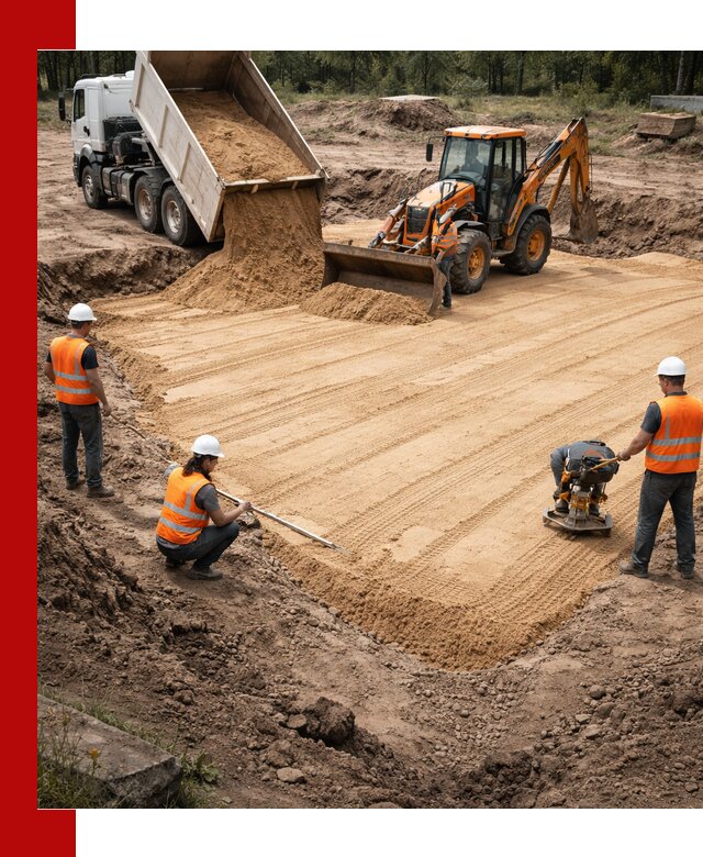 Устройство песчаной подушки для фундаментов и дорог в Кохме